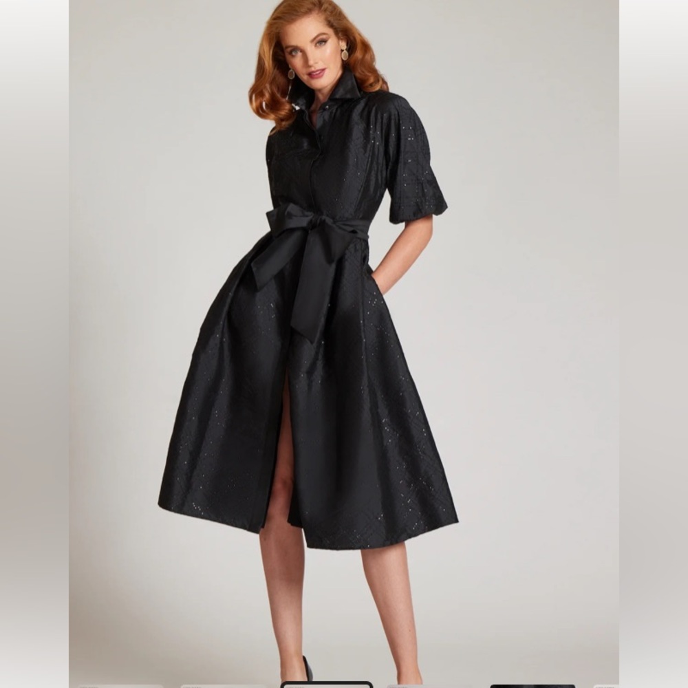 Rickie Freeman for Teri Jon Black Sparkle Midi Shirt Dress with Belt